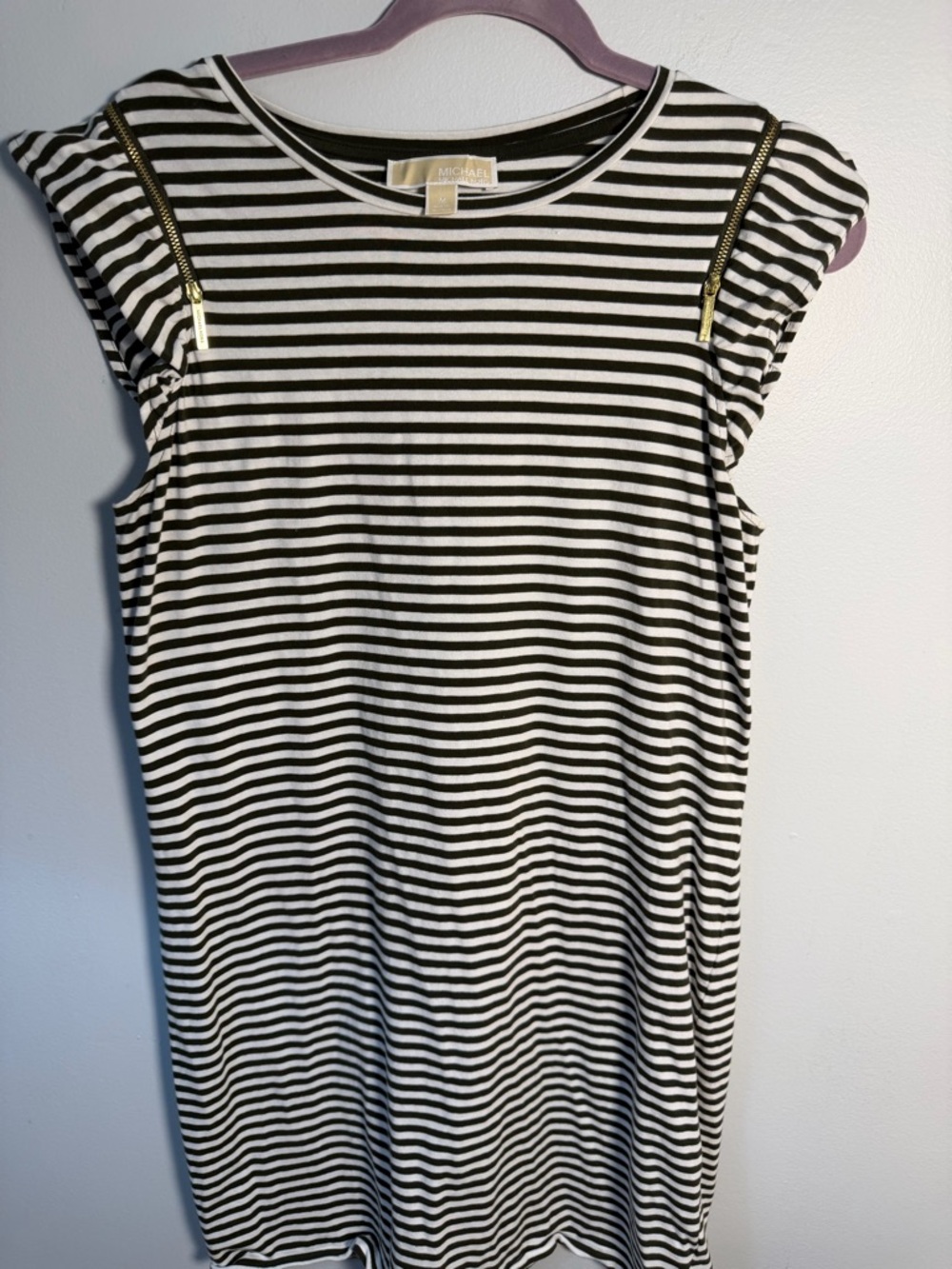 Striped Black & White Cap Sleeve Dress with Gold Zipper Detail